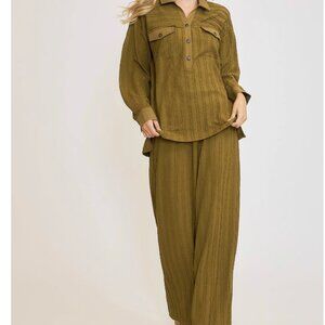 182.Women's Half Button Down Knit Top and Textured Wide Leg Pants Set